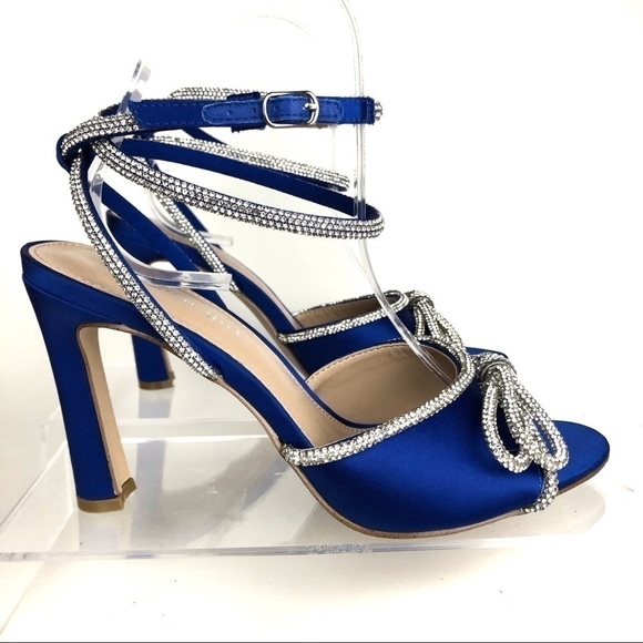 Madden Girl True Rhinestone Bow Evening Dress Blue Satin Sandals Heels Sz 8 - Picture 1 of 8